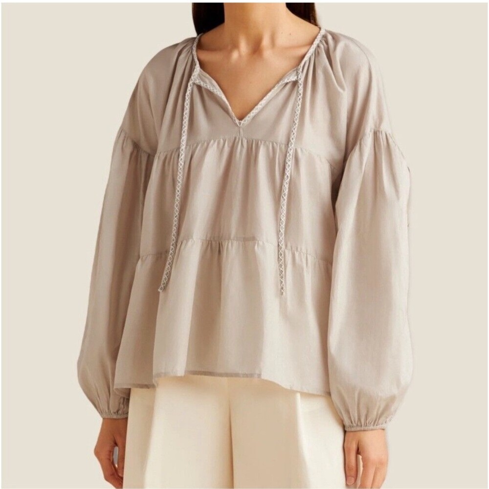 Merlette Tiered Top Peasant Blouse Long Sleeve Cotton Beige Boho Chic Size M